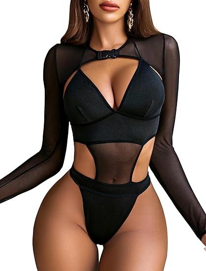 Avidlove Rave Outfits for Women Festival Sexy Lingerie Bodysuit Buckle Shrug Crop Top Set (Black, XL)