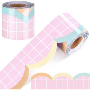 2 x Watersay 65ft Pink Grid Bulletin Board Border with Pastel Edges Pink Border for Bulletin Board Pastel Scalloped Trim Decor for Whiteboard Walls Windows Classroom Back to School