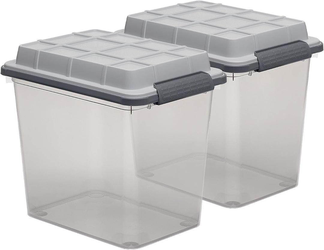 Curver Set of 2 Medium Latch PRO 29QT Heavy Duty, Water Resistant Plastic Organization and Storage Box with Extra Capacity Latching Lid, Transparent Grey