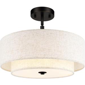 AUTELO 16" Semi Flush Mount Ceiling Light, 3-Light Modern Flush Mount Ceiling Light in Black Finish with Drum Fabric Shade for Hallway Bedroom Kitchen, C2506 BK-16