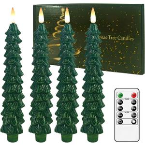Christmas Tree Flameless Taper Candles with Remote and Timer, Battery Operated Warm 3D Wick Flickering Green Candles LED Window Candlesticks Holiday Decor Set of 4