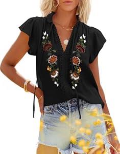 siliteelon Womens Lace Tops Ruffle Short Sleeve Blouses V Neck Embroidered Shirts Dressy Casual Business Work Summer Crochet Tops - A1-Black XL
