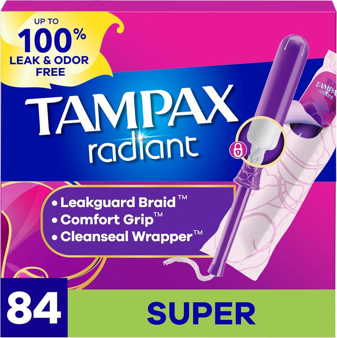 Tampax Radiant Tampons for Women, with LeakGuard Braid, Super Absorbency, Unscented, 84 Count (3 Packs of 28)