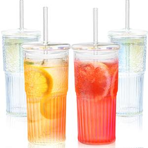 20oz Glass Tumbler with Straw and Lid Iced Coffee Glasses with Glass Straw Vintage Drinking Glasses Set of 4 for Juice Soda Smoothie(Rainbow*4)