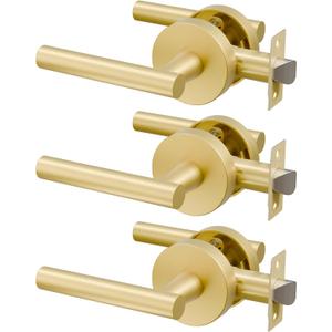 3 Pack Brushed Gold Passage Door Handles, Streamlined Closet Door Lever Handles, Heavy Duty Hall Door Handle Brass, Brushed Gold Hallway Passage Doors Handle