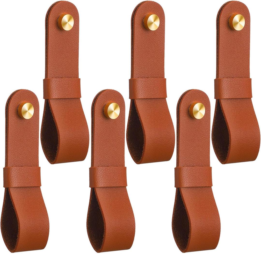 CroBlissful 6 Pcs Leather Curtain Rod Holders PU Leather Curtain Rod Bracket Mounted Loop Straps with Screws and Plastic Wall Plugs, Boho Pole Hanger Hook for Towel Oar Home Wall Display Decor(Brown)