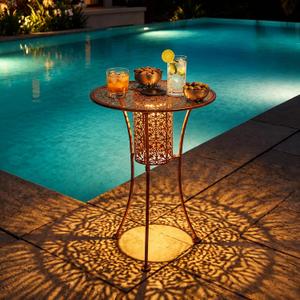 Solar Powered Outdoor Side Table 16 x 24 inch Moroccan Waterproof Metal Outdoor Patio Round Accent End Table for Patio Garden Porch Lawn Yard Decoration
