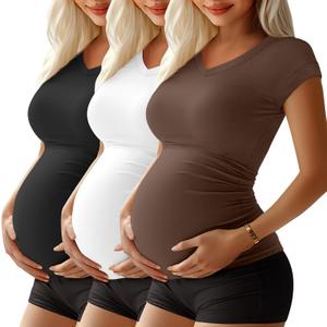 Ficerd 3 Pack Womens Maternity Shirts, Cap Sleeve Cotton Pregnancy Tops Side Ruched T Shirt V Neck Casual Maternity Clothes (X-Large, Black, White, Coffee)