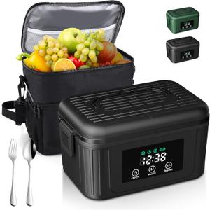 Cordless Electric Lunch Box for Adults, 1.4L Heated Lunch Box for Men with Smart Meal Scheduling & Auto Keep Warm, Portable Food Warmer for Car with Insulated Bag, Ice Pack (Meteorite Black)