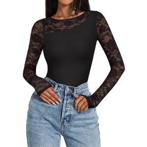 PINKYMSTYLE Womens Round Neck Lace Long Sleeve Bodysuit Sexy Double Lined Going Out Tops Fall Outfits 2024 (Black) M
