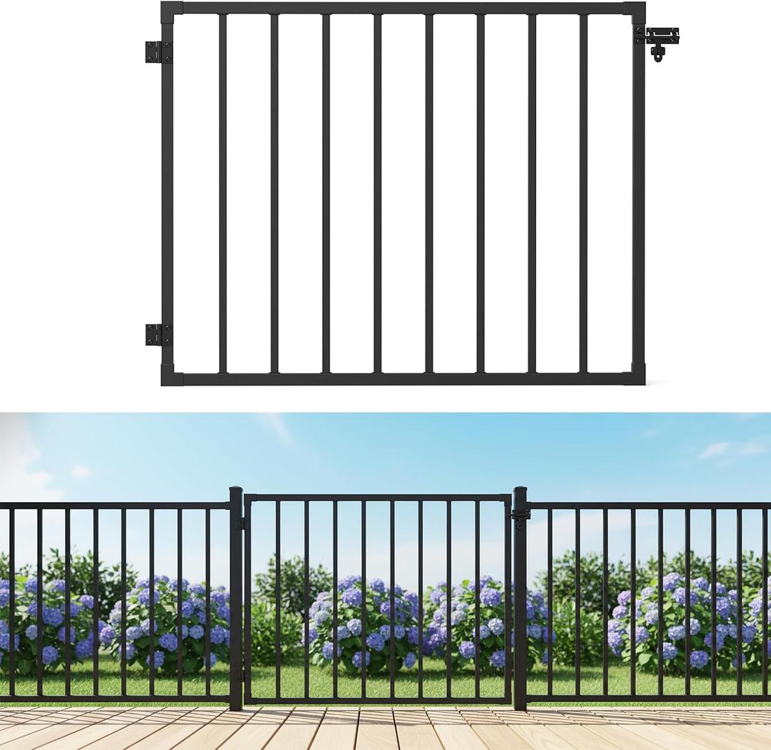 tonchean Heavy-Duty Deck Fence Gate 38''H x 48''W Black Steel Fence Door with Customizable Width Outdoor Dog Gate Metal Gate for Residential, Yard, Patio, Includes Hinges and Latch
