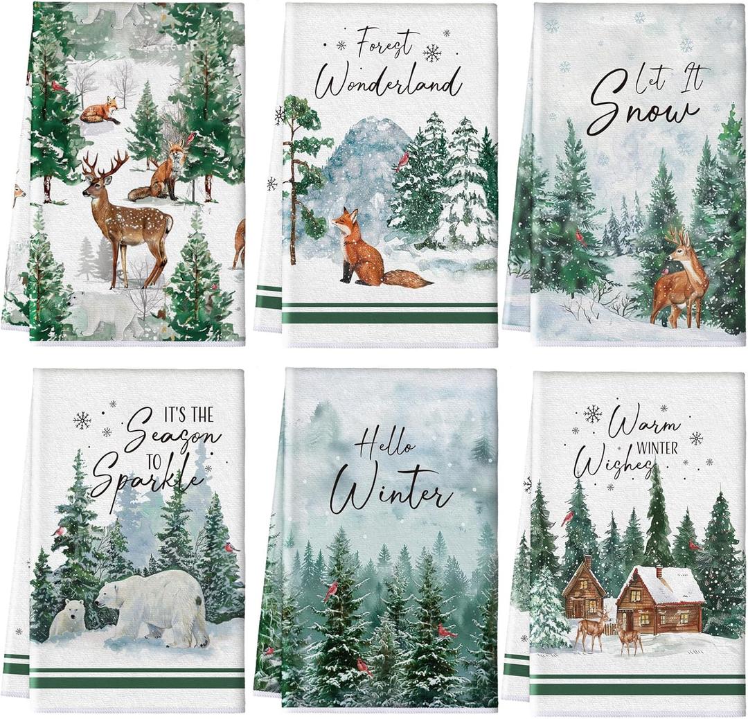 Hosuly 6 Pcs Winter Kitchen Towels Forest Hand Towels Wild Animal Snowflake Warm Dish Clothes Farmhouse Winter Decorative Tea Dishclothes Housewarming Gifts for Kitchen Holiday (Woodland)