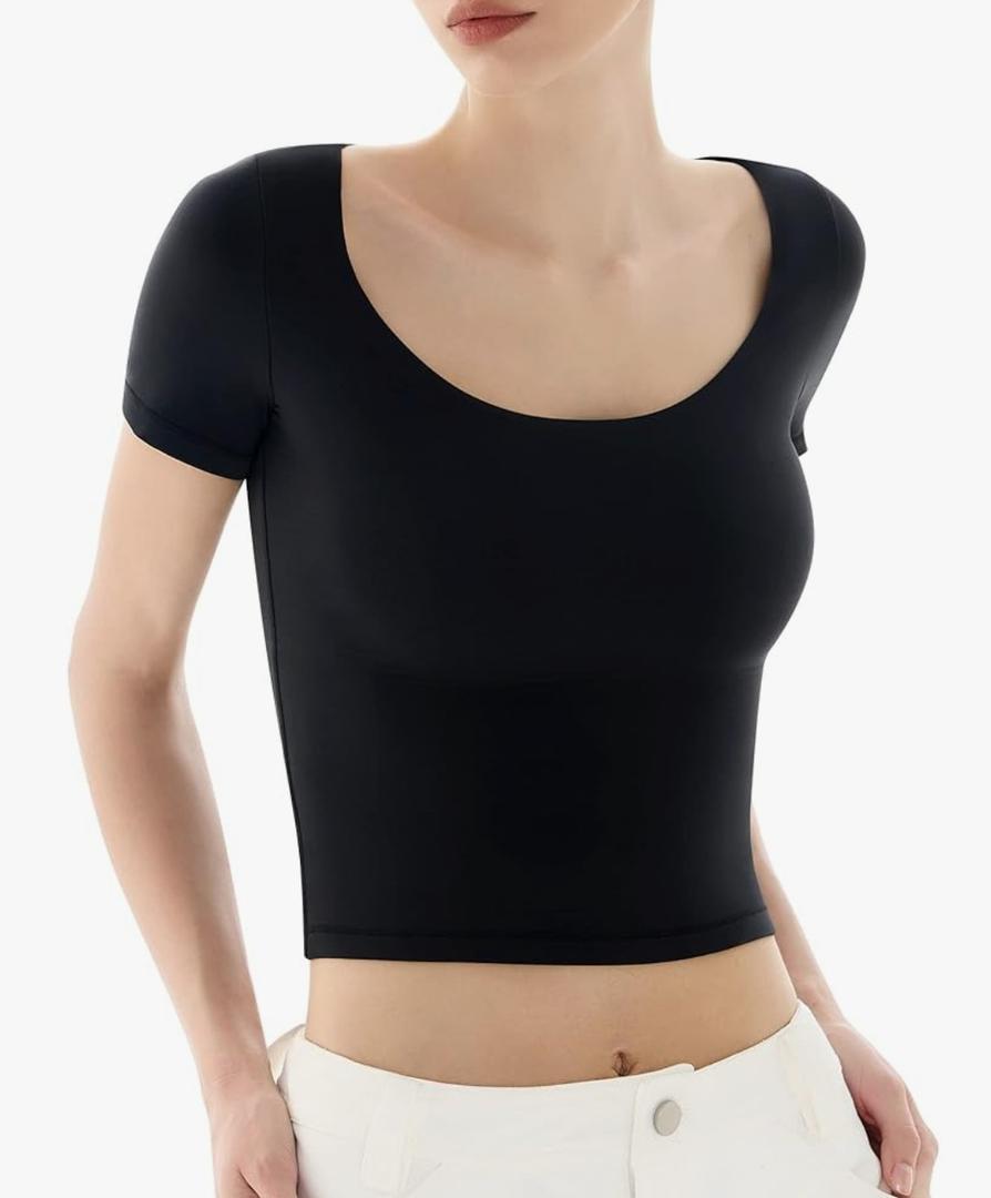 PUMIEY Women's Scoop Neck Short Sleeve T Shirt Slim Fit Sexy Tops Smoke Cloud Collection Small, Black