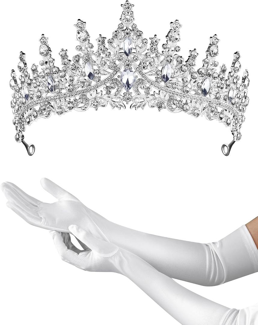 Princess Tiara Crown with Satin Gloves Set Crystal Headpiece for Graduation Prom and Party Photo Props (Silver)