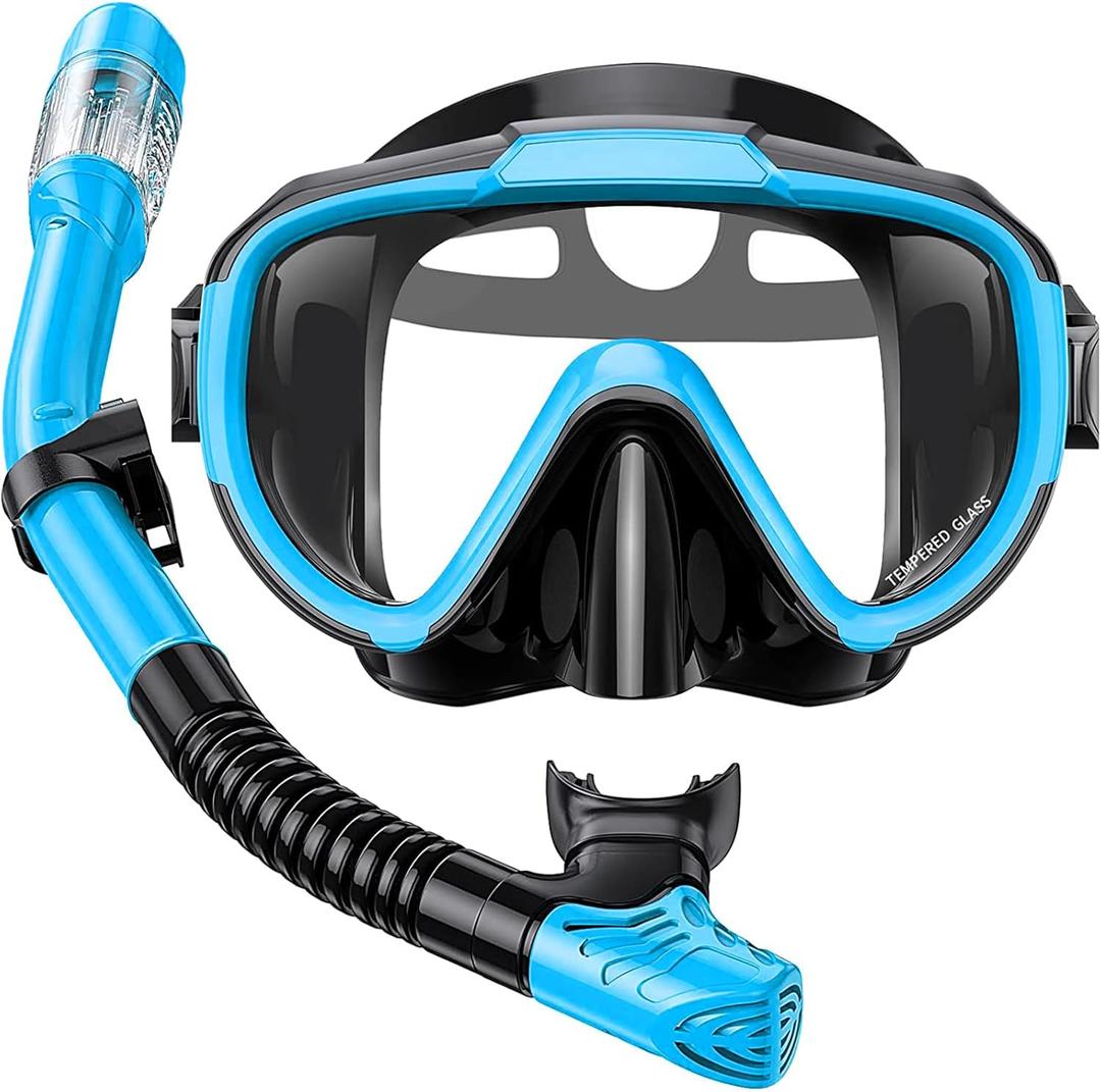 Snorkel Set Adults Snorkeling Gear Anti-Fog Panoramic View Swim Mask Dry Top Snorkel Kit with Carry Bag for Snorkeling Scuba Diving Swimming Travel (Light Blue+Black)
