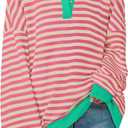 ZESICA Sweatshirts for Womens Long Sleeve Lapel V Neck Striped Oversized Tops (Small, Pink)
