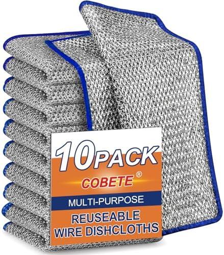 COBETE Non Scratch Wire Dishcloth,Double-Layer Wire Dishwashing Rags for Wet and Dry,Wire Miracle Cleaning Towels and dish Cloths Multipurpose For Washing Dishes,Cookware, Sinks,Stove Tops,10Pack Blue