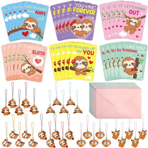 30PCS Valentines Cards Classroom Kids Sloth Valentines Day Cards with Keychains Valentine Gift Set Exchange Boys Girls Goody Bag Favors
