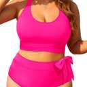 Tempt Me Plus Size Two Piece Swimsuits - Women High Waisted Bikini Scoop Neck Bathing Suit Swimwear Hot Pink 18 Plus