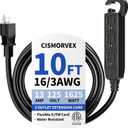 10 Ft 3 Outlet Outdoor Extension Cord Waterproof, Grounded Extension Cord with Multiple Outlets, 16/3 AWG 3 Prong Power Strip for Garden, Patio, Camping, 13A 125V 1625W, ETL Listed, Black