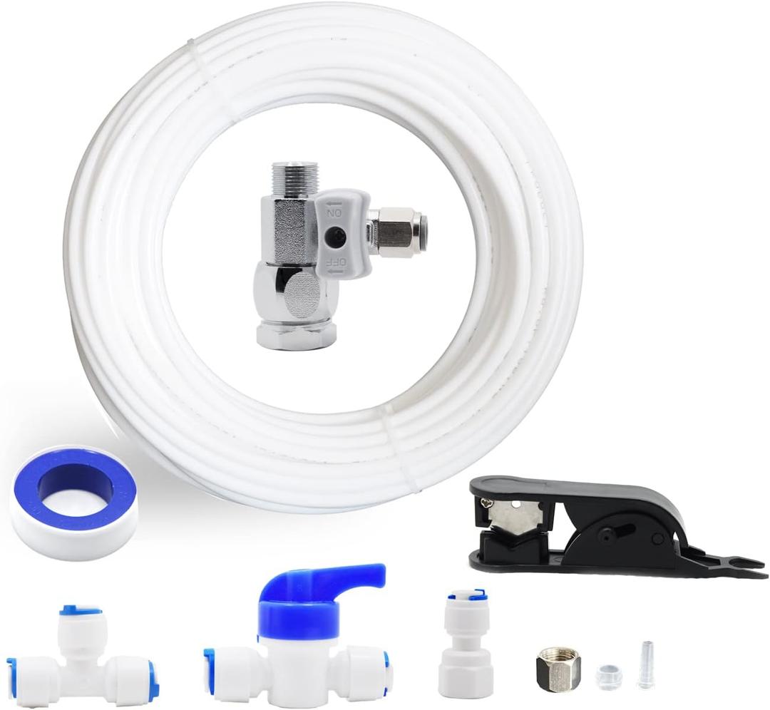 Ice Maker Fridge Water Filtration Refrigerator Installation Kit + Shut-Off T Valve 1/4 O.D Tube Quick Connect Kit, Water Line Splitter for Reverse Osmosis RO Systems & Water Filters. (33ft tube)