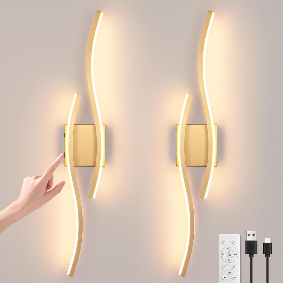 Modern LED Wall Sconce Set of Two, Battery Powered Wall Sconces Set of 2 with Timer, Gold Wall Light with Remote, LED Wall Lamp Indoor not Hardwired for Bathroom Living Room Bedroom Corridor