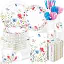 400Pcs Spring Party Decorations Wildflower Floral Plates Napkins Cups Forks Knives Spoons Watercolor Butterfly Disposable Tableware Set for Spring Summer Garden Tea Party Supplies Serves 50