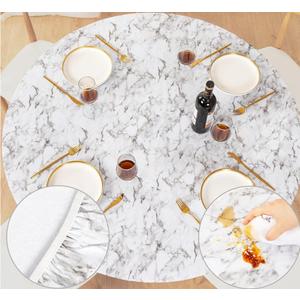 UMINEUX Round Fitted Vinyl Tablecloth with Elastic Edged & Flannel Backing, Waterproof Wipeable Round Table Cover for Indoor Outdoor Patio Use - Fits Tables up to 40" - 44" Diameter(WhiteMarble)