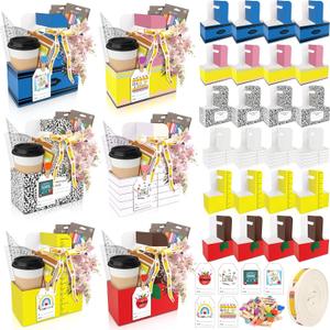 TREWAVE 24 Set Teacher Appreciation Gifts, 2 Cup Drink Carrier with Handle, Disposable Coffee Cup Holder with Thank You Cards, Clips & Ribbon, 2-Cup Cardboard Caddy Set for Graduation Party Supplies