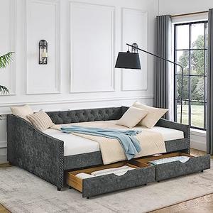 KEIKI Queen Size Upholstery Daybed with 2 Drawers and Headboard, Mid-Century Style Tufted Sofa Bed with Button on Back, Easy Assembly, No Box Spring Required, for Living Room and Bedroom, Grey