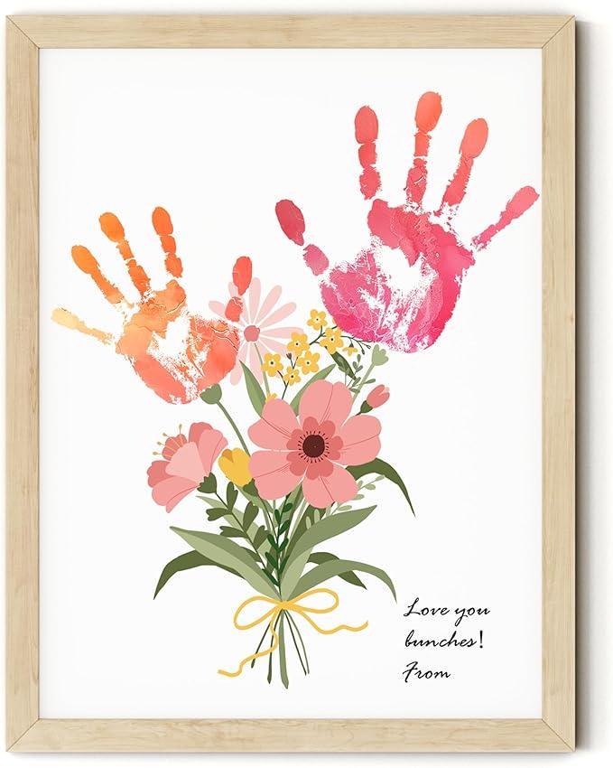 TwoDays Flower Bouquet Handprint Art Craft DIY Kit, Unique Gifts for Mom from Daughter or Son for Mother's Day Birthday Christmas, Gift for Grandma.(12" X 16", with Wood Frame)