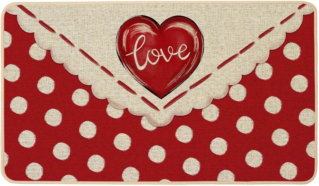 Baccessor Valentines Day Door Mat Love Heart Envelope Polka Dots Red Decorative Outdoor Mat Non Slip Rubber Backing for Entrance Seasonal Outside Indoor Front Kitchen Decortion 17 x 29 Inch
