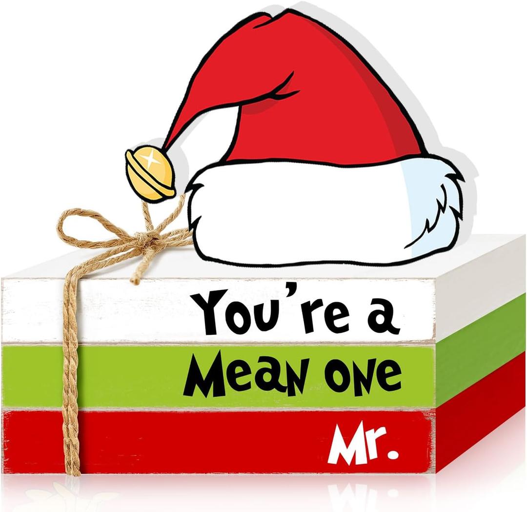 Christmas Wooden Table Signs, Christmas Tiered Tray Decor Faux Books Stack Decorative Tabletop Sign, Green Red White Farmhouse Holiday Decor for Home Mantle Shelf Home Decorations You're a Mean One