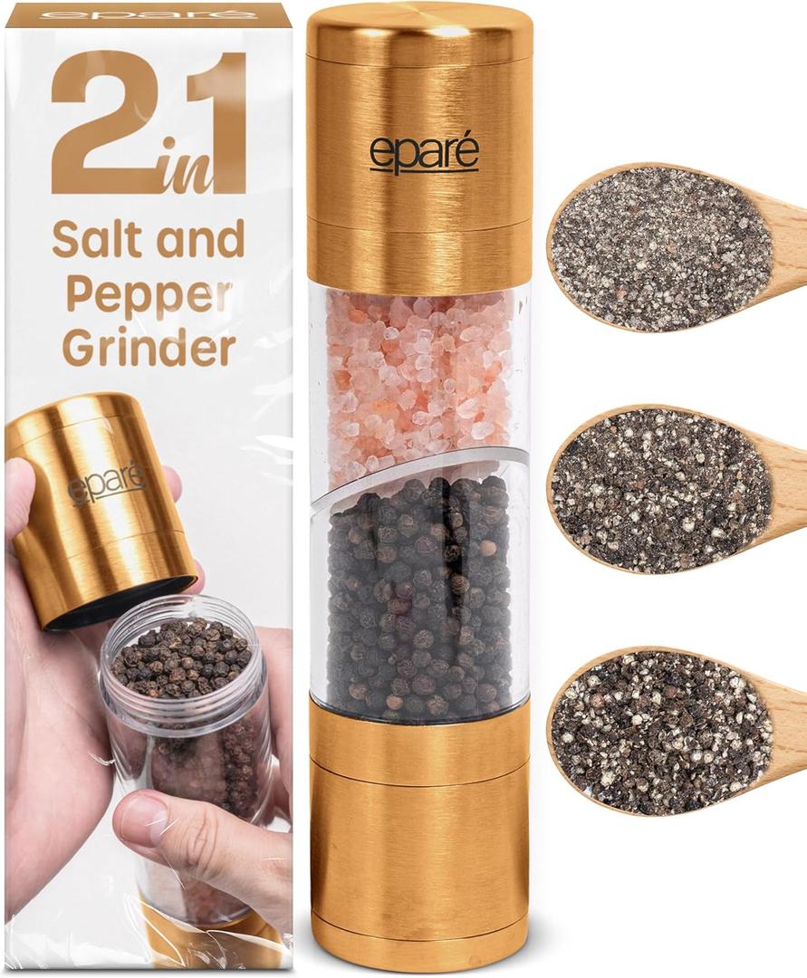 Epar 2 in 1 Gold Salt and Pepper Grinder Combo - Brass All in One Dual Salt & Pepper Grinder Set in One for Kitchen - Manual Grinding Salt Pepper Mill Refillable - Stainless Steel