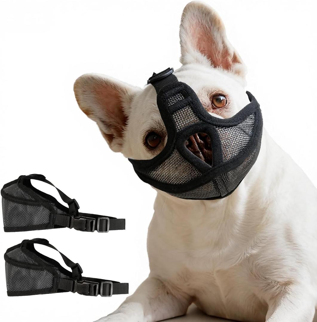 Short Snout Dog Muzzle for French Bulldog, Pug, English Bulldog, Soft Mesh Breathable Muzzle, Anti Biting Chewing Barking, Adjustable Pet Muzzle for Medium Dogs M