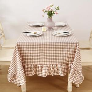 Taupe White Gingham Ruffled Table Cloth Rectangular for Seat 8-10, 100% Washed Cotton Buffet Cottage Coquette Checker Plaid Vintage Decorative Tablecloth - 120“x60