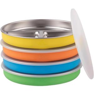 Elk and Friends Stainless Steel Divided Plates with Normal Sleeve for Babies & Toddlers | Lids Included Dinner & Snack Plates | 4 Pack (Green/Orange/Yellow/Blue)