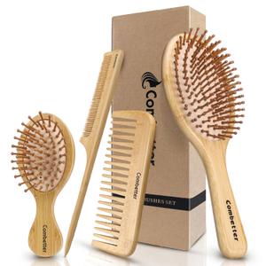 Combeter Bamboo Hair Brush and Comb Set (4PCS) Natural & Eco-Friendly Detangler Comb for Women, Men & Kid, Reduces Frizz, Promotes Healthy Hair Growth Wooden Paddle Brush with Scalp Massage