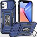 SEFING Case for iPhone 12 Pro, iPhone 12 with Ring Holder Kickstand, Slidable Camera Lens Cover, Heavy Duty Protection, Navy Blue