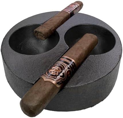 Rustic State Habano Cast Iron Cigar Ashtray for Outside Patio with Double Slot Rest Windproof Round Design Antique Ash Disposal for Indoors Outdoors - Black no sticks
