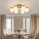 6 Lights Sputnik Ceiling Light Fixture,Semi Flush Mount Ceiling Light Sputnik with Milk Glass Globe, Brushed Brass Chandelier for Living Room, 25.98‘’ Large Mid Century Modern Fixture, 6-Gold Lights