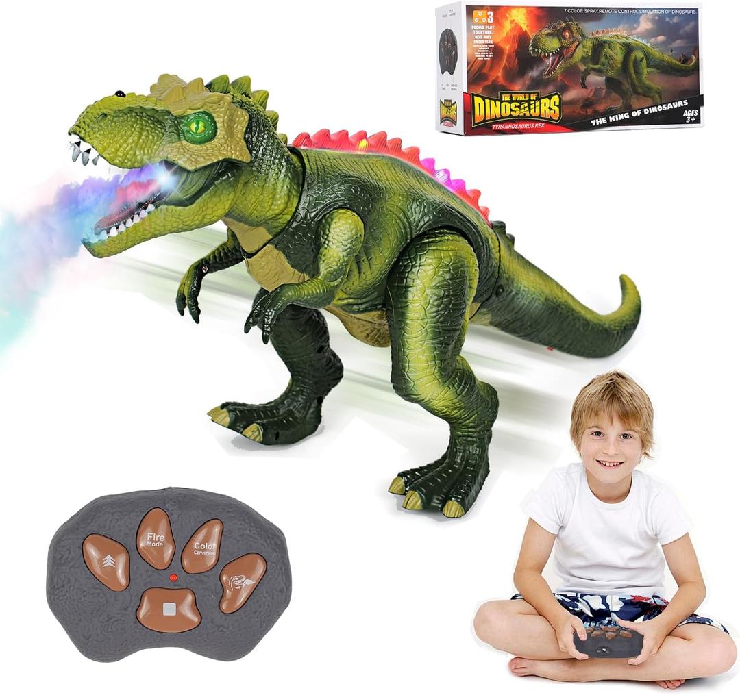 Remote Control Dinosaur Toys for Kids 3-5-7, Upgraded T Rex with Changing Light, 7 Color Spray & Realistic Roars, RC Walking Dinosaur Robot 4-7, Birthday Gifts Toys for Kids Boys 3+