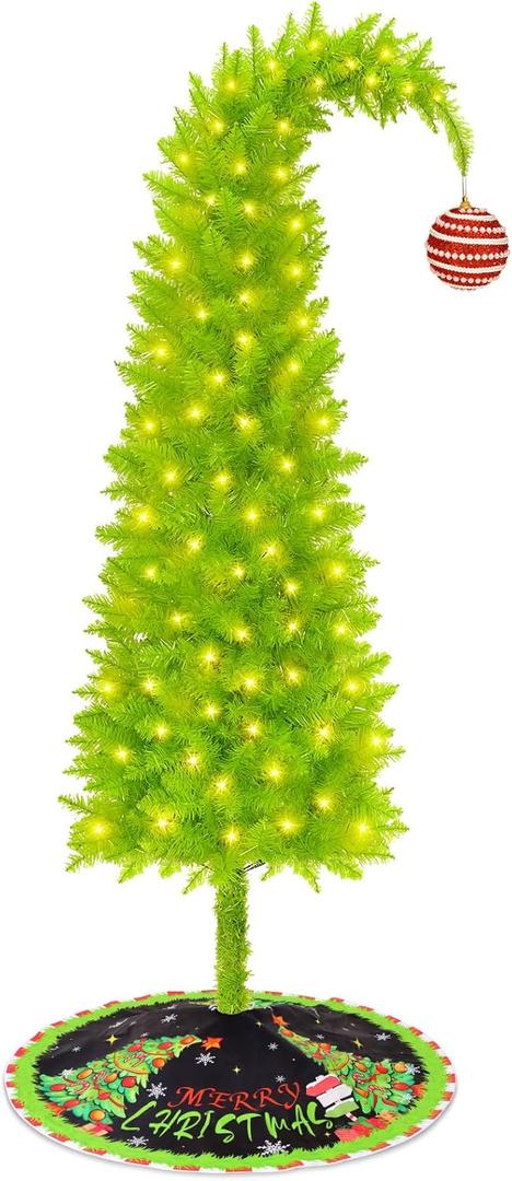 Grinchs Christmas Tree 6FT, Whimsical Bendable Artificial Tree, Lime Green Design with Tree Skirt & Red Ball Ornament, Christmas Decorations Indoors and Outdoors
