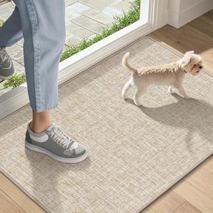 LEKEEPGO Ultra Thin Indoor Door Mat 17"x29", Low-Profile Door Mat Indoor Entrance, Non Slip Rubber Backing Inside Doormat Washable Welcome Front Entryway Dirt Trapper Entry Mat, Khaki