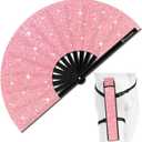 Glitter Large Rave Folding Clack Hand Fan with Holster, Boots on the Ground Popping Handheld Fan Foldable for Men Women for EDM Festival Club Party Dance, (Pink, Large 13") (33cm Closed | 63cm Open (13" Closed | 24.5" Open))