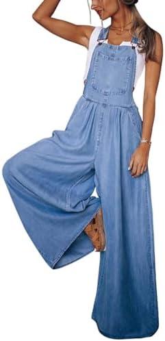 chouyatou Women's Loose Adjustable Strap Wide Leg Denim Bib Overall Jeans Pants XL