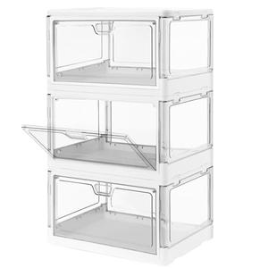 HYBRIDEAS 3 Pack Clear Stackable Storage Bins with Lids, Magnetic Doors Open Front, Foldable, Large Plastic Storage Boxes for Bedroom, Size 15 x 11 x 8,5 Inch