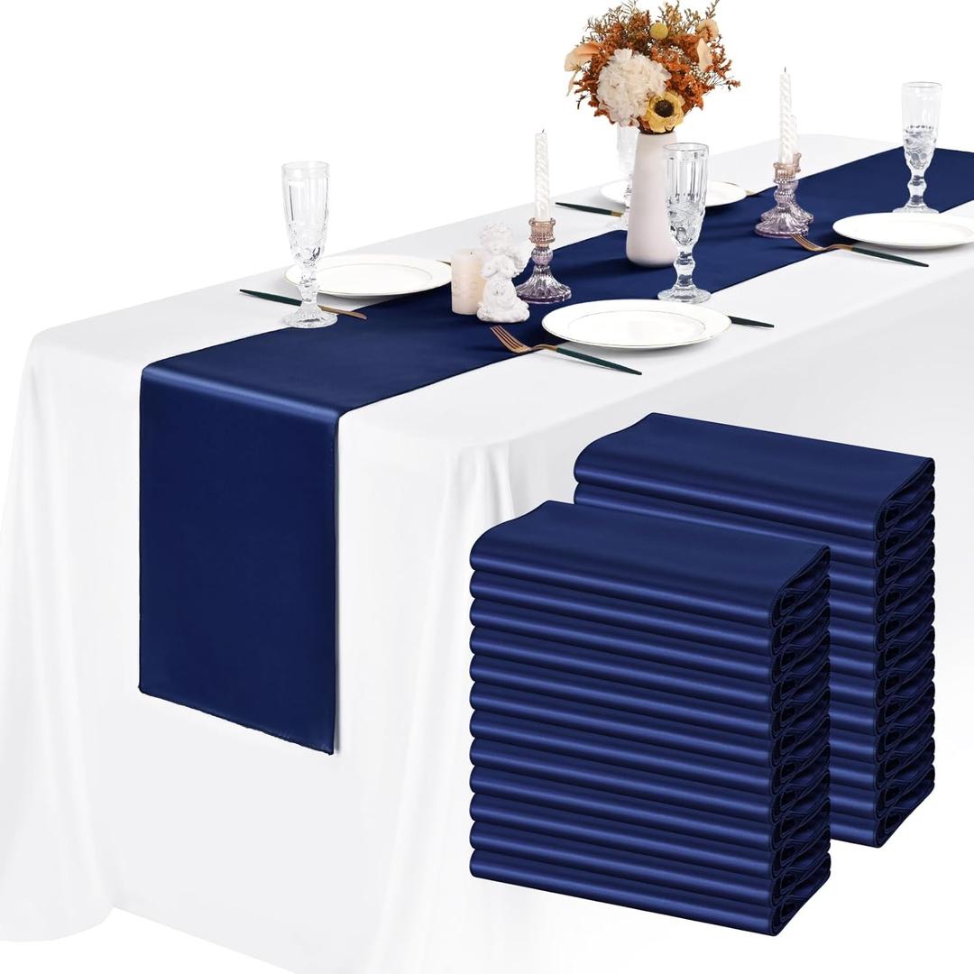 24 Pack Navy Blue Satin Table Runners 12 x 72 Inch Long Bright Silk Smooth Fabric Navy Blue Table Runners for Party Wedding Reception Birthday Banquet Decoration