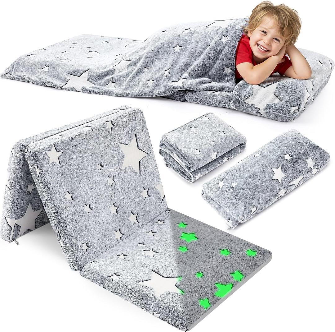 Preschool Nap Mat with Pillow and Blanket, 21" x 50" Glow Sleeping Bag Toddler Nap Mat for Daycare Kids, 2" Thick All in one Foldable Floor Mattress for Girl Boys