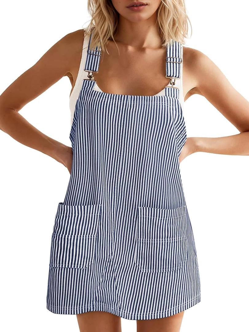 Yousify Womens Casual Denim Dress Summer Striped Overalls Romper Adjustable Straps Sleeveless Jean Dresses with Pockets (Blue, Large)